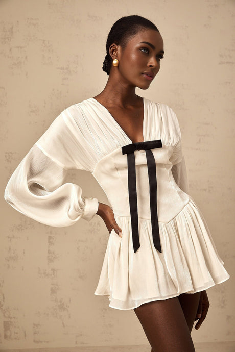Lorelei Mini Dress Glitter Bow VNeck Thigh Length White & Black