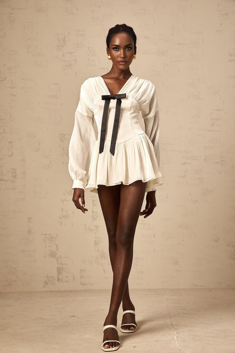 Lorelei Mini Dress Glitter Bow VNeck Thigh Length White & Black