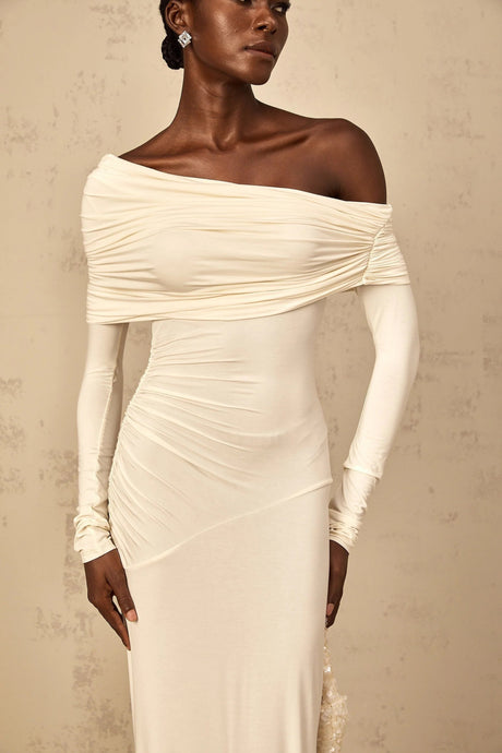Lorenza Maxi Dress Off - Shoulder Ruched & Flared Hem White
