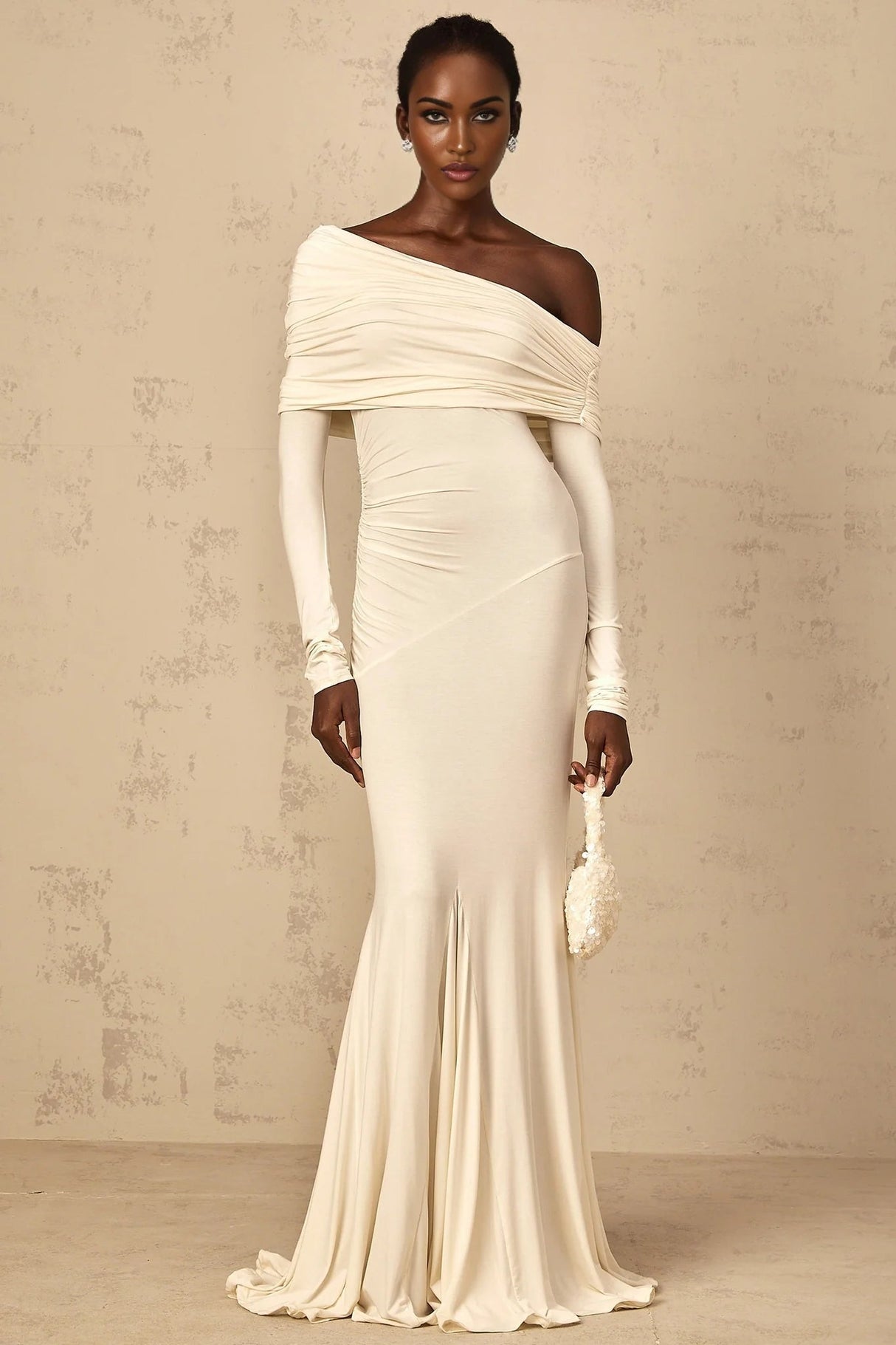 Lorenza Maxi Dress Off - Shoulder Ruched & Flared Hem White