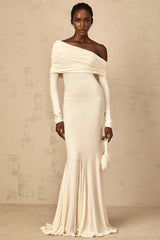 Lorenza Maxi Dress Off - Shoulder Ruched & Flared Hem White