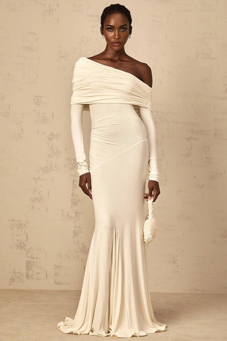 Lorenza Maxi Dress Off - Shoulder Ruched & Flared Hem White