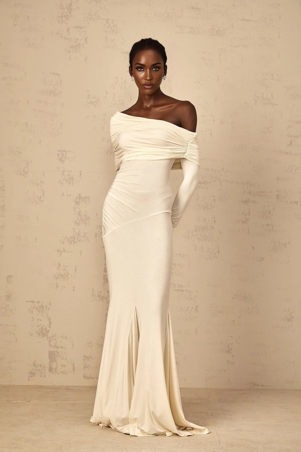 Lorenza Maxi Dress Off - Shoulder Ruched & Flared Hem White