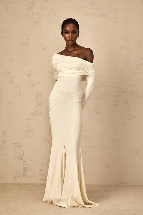 Lorenza Maxi Dress Off - Shoulder Ruched & Flared Hem White
