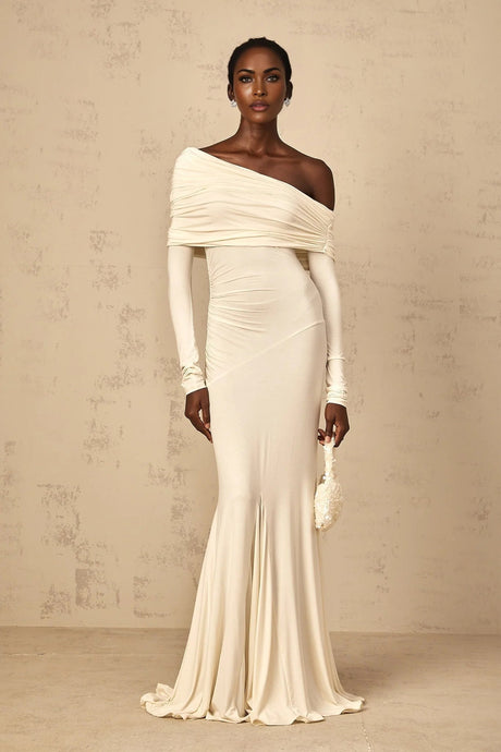 Lorenza Maxi Dress Off - Shoulder Ruched & Flared Hem White