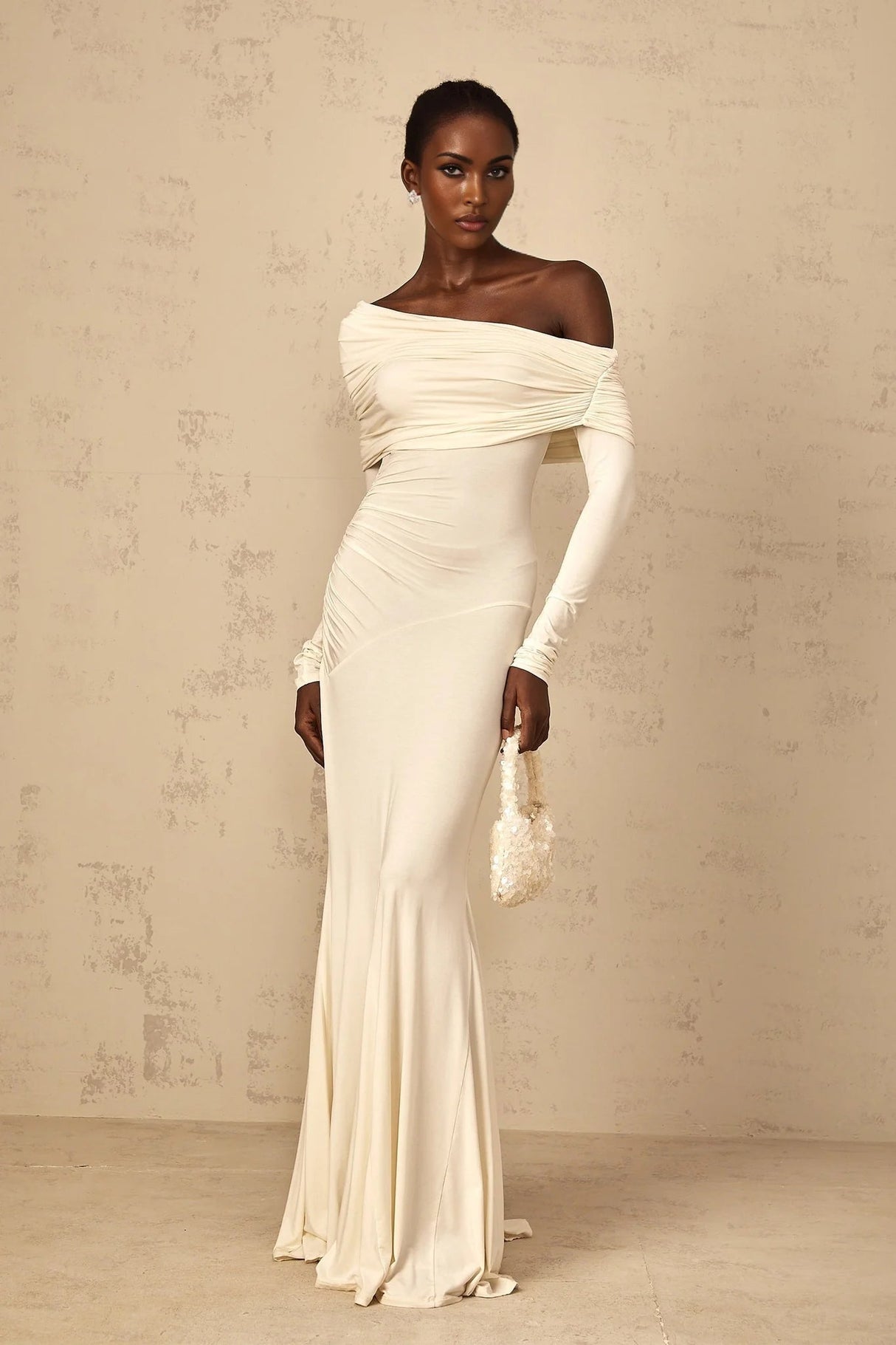 Lorenza Maxi Dress Off - Shoulder Ruched & Flared Hem White