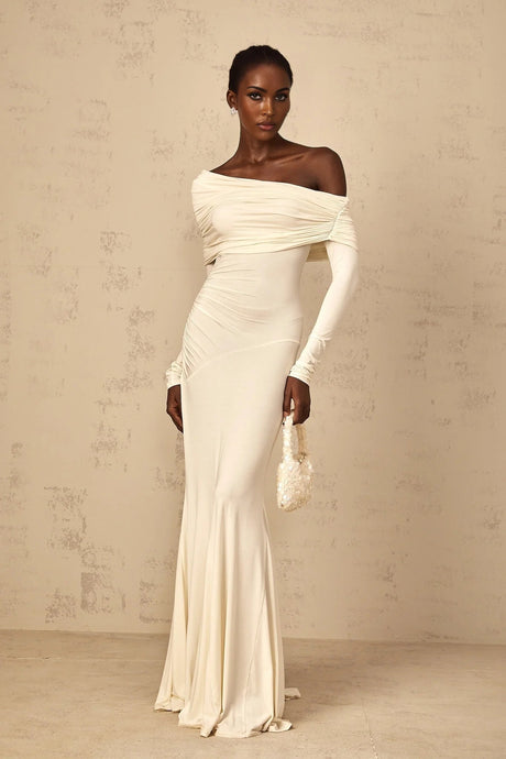 Lorenza Maxi Dress Off - Shoulder Ruched & Flared Hem White