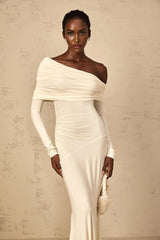 Lorenza Maxi Dress Off - Shoulder Ruched & Flared Hem White
