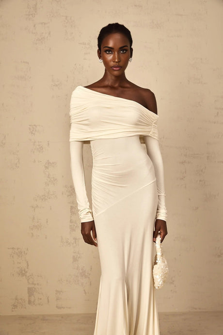 Lorenza Maxi Dress Off - Shoulder Ruched & Flared Hem White