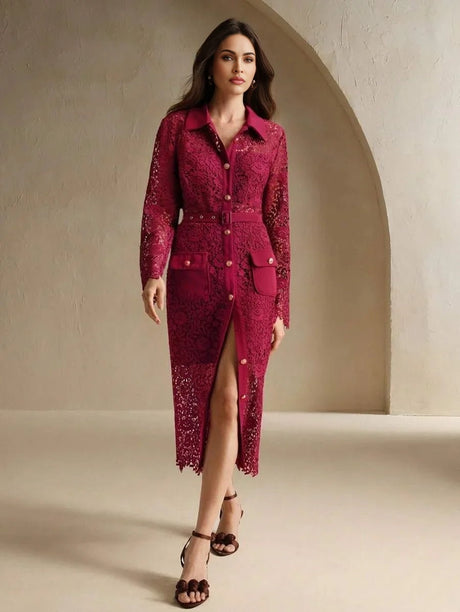Lorenzina Midi Dress - Elegant Style - High Waist - Button Details - Color - Lace Material