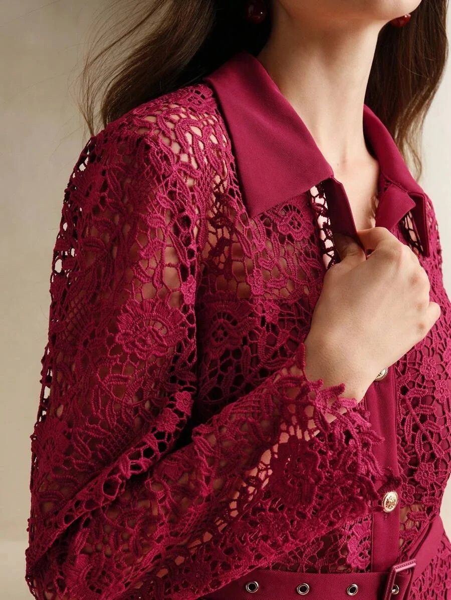 Lorenzina Midi Dress - Elegant Style - High Waist - Button Details - Color - Lace Material