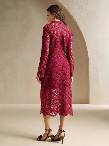Lorenzina Midi Dress - Elegant Style - High Waist - Button Details - Color - Lace Material