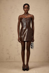 Lorenzina Mini Dress Brown Leather Off Shoulder Fitted