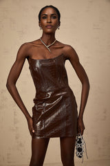 Lorenzina Mini Dress Brown Leather Off Shoulder Fitted