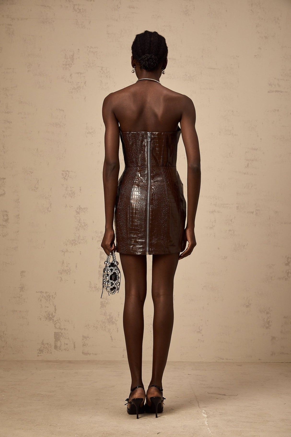Lorenzina Mini Dress Brown Leather Off Shoulder Fitted