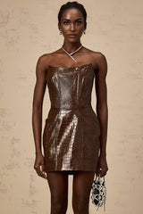 Lorenzina Mini Dress Brown Leather Off Shoulder Fitted