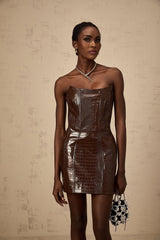 Lorenzina Off Shoulder Mini Dress - Sleek Leather Look - Cinched Waist - Fitted Silhouette - Textured Finish