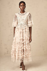 Lucia Floral Embroidery Tiered Midi Dress