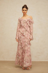 Lucia Maxi Dress Pink Floral Ruffled & Asymmetrical Shoulder Print