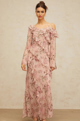 Lucia Maxi Dress Pink Floral Ruffled & Asymmetrical Shoulder Print