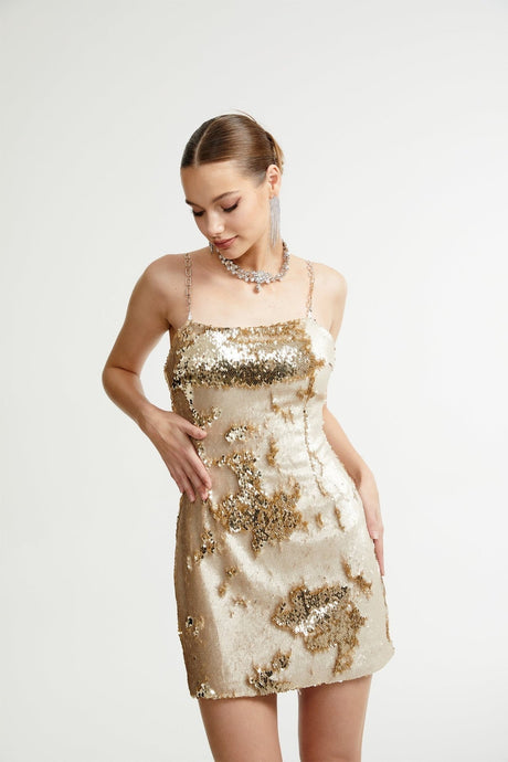 Lucia Mini Dress Gold Sequin Reversible Elegance & Glam