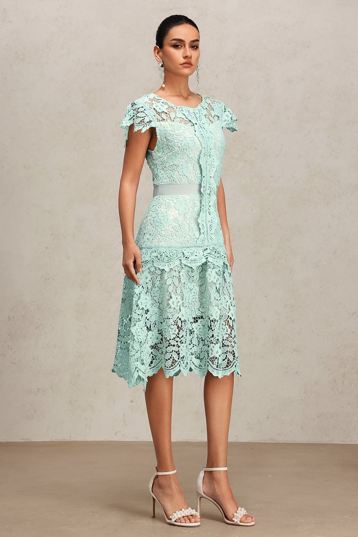 Lucia Mint Lace Midi Dress with Ribbon Belt and Ruffled Cap Sleeves