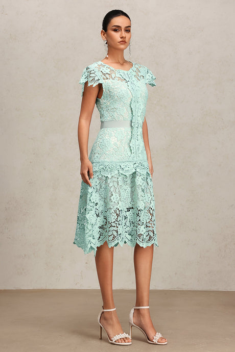 Lucia Mint Lace Midi Dress with Ribbon Belt and Ruffled Cap Sleeves