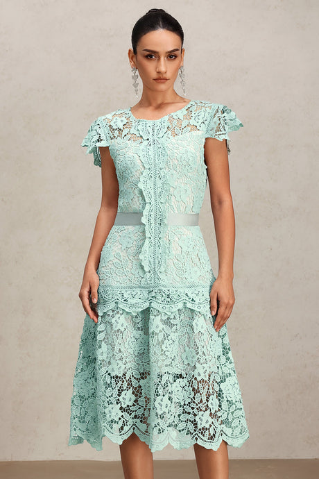 Lucia Mint Lace Sleeveless Dress Midi Elegant Feminine Ribbon Belt Ruffled Cap Sleeves Tiered Skirt