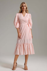 Lucia Pink V-Neckline Ruffle Detail Dress Statement Sleeves Lightweight Fabric