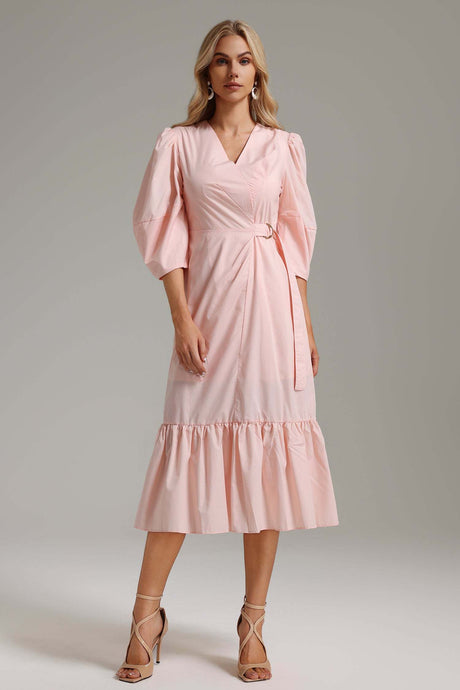 Lucia Pink V-Neckline Ruffle Detail Dress Statement Sleeves Lightweight Fabric
