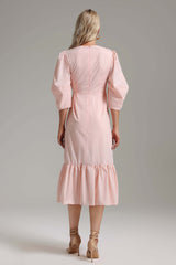 Lucia Pink Ruffle Detail V-Neckline Statement Sleeve Dress