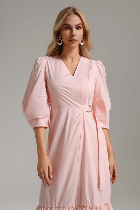 Lucia Pink Ruffle Hem Statement Sleeve Dress