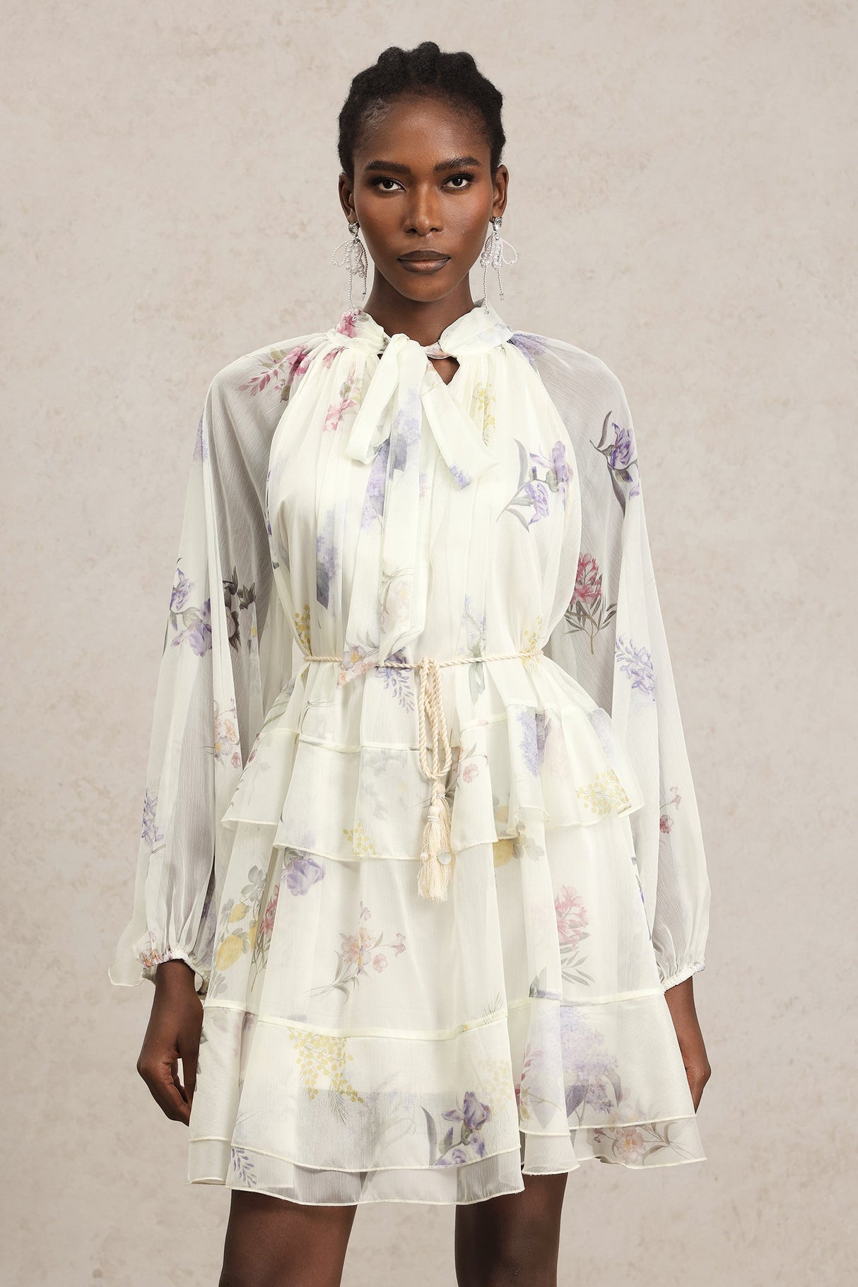Lucia White Floral Chiffon Tiered Dress