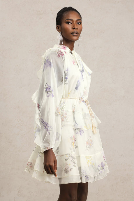 Lucia White Floral Chiffon Tiered Dress
