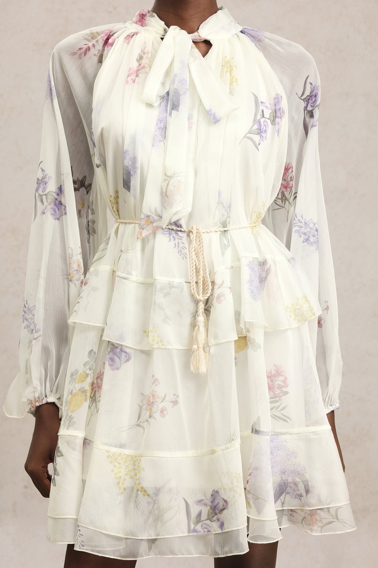 Lucia White Floral Chiffon Tiered Skirt Dress for Women