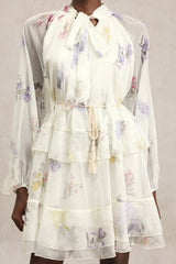 Lucia White Floral Chiffon Tiered Skirt Dress for Women