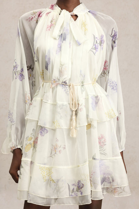 Lucia White Floral Chiffon Tiered Skirt Dress for Women