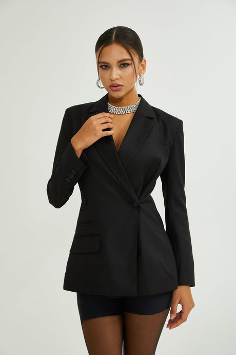 Luciana Blazer Black Wool Double Breasted Cinched & Padded