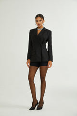 Luciana Blazer Black Wool Double Breasted Cinched & Padded