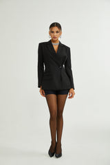 Luciana Blazer Black Wool Double Breasted Cinched & Padded