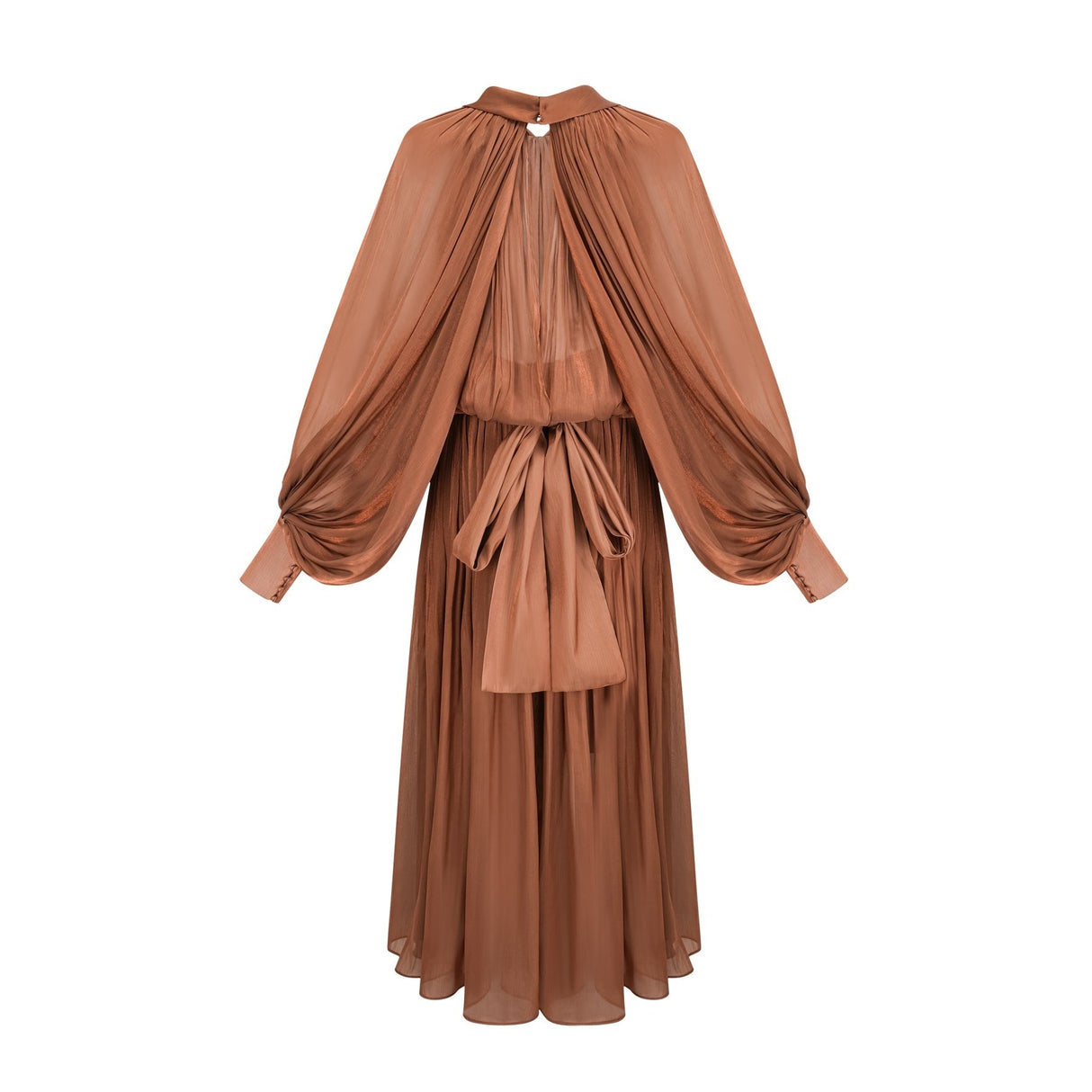 Luciana Maxi Dress in Brown Satin with Ribbon Tie - Neck and Pleats