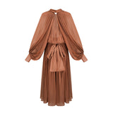 Luciana Maxi Dress in Brown Satin with Ribbon Tie - Neck and Pleats