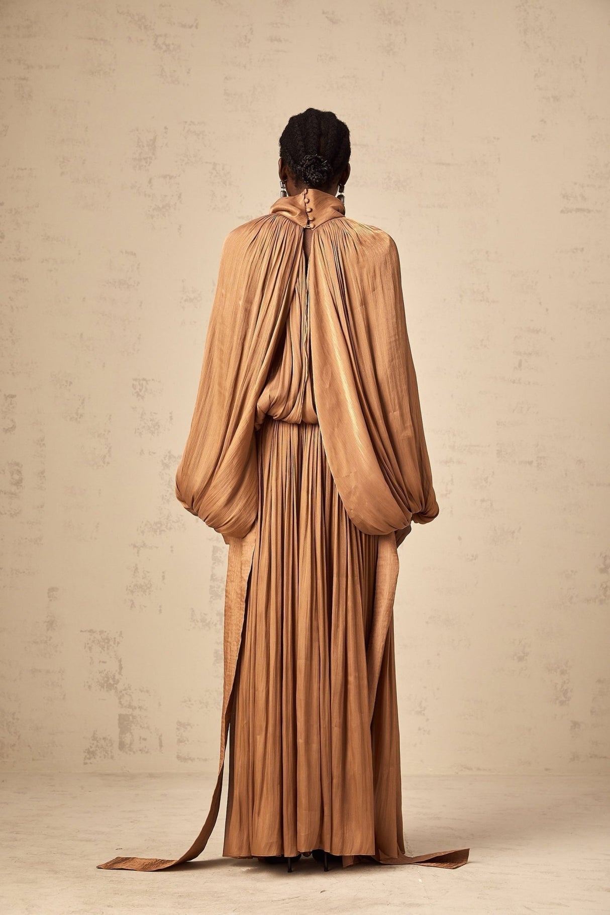 Luciana Maxi Dress in Brown Satin with Ribbon Tie - Neck and Pleats