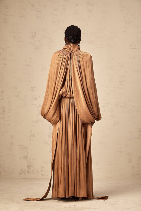 Luciana Maxi Dress in Brown Satin with Ribbon Tie - Neck and Pleats