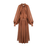 Luciana Maxi Dress in Brown Satin with Ribbon Tie - Neck and Pleats