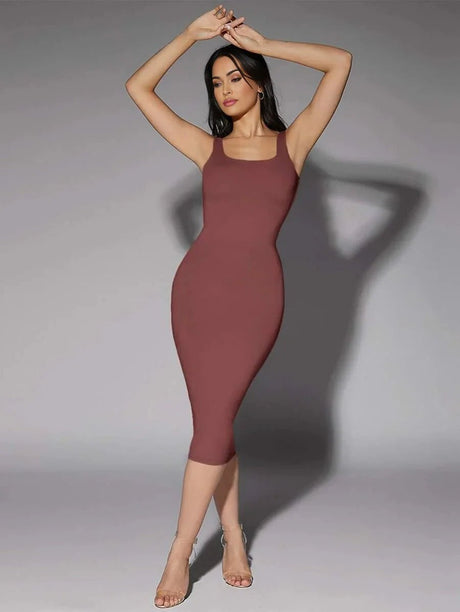 Luciana Midi Dress - Scoop Neck - Beach Occasion - Pencil Hem - Tank Style - Backless Feature