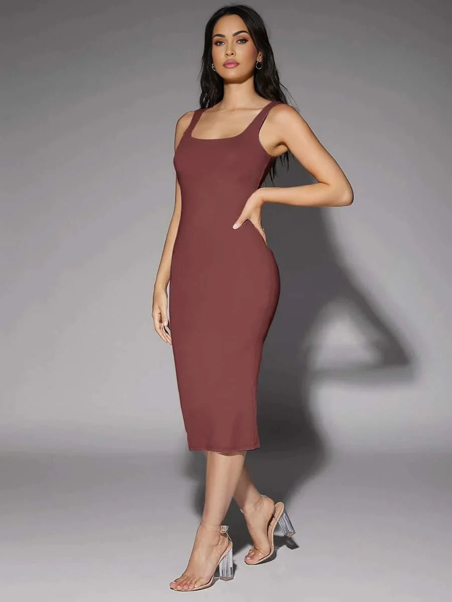 Luciana Midi Dress - Scoop Neck - Beach Occasion - Pencil Hem - Tank Style - Backless Feature