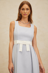 Luciana Midi Dress - Square Neck - Sleeveless - Bow Embellishment - Shirred Effect - Rear Zip Fastening