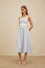 Luciana Midi Dress - Square Neck - Sleeveless - Bow Embellishment - Shirred Effect - Rear Zip Fastening