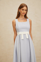 Luciana Midi Dress - Square Neck - Sleeveless - Bow Embellishment - Shirred Effect - Rear Zip Fastening